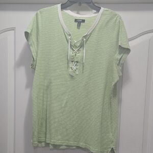 Chaps Light Green Striped Lace-Up Top